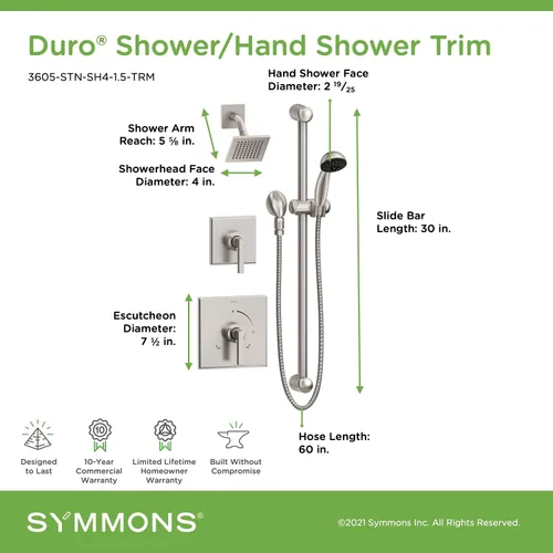 Vista 2 de Symmons 3605-STN-SH4-1.5-TRM Duro 2 manijas 1 rociador de ducha con 1 rociador de ducha de mano en níquel satinado (válvulas no incluidas)