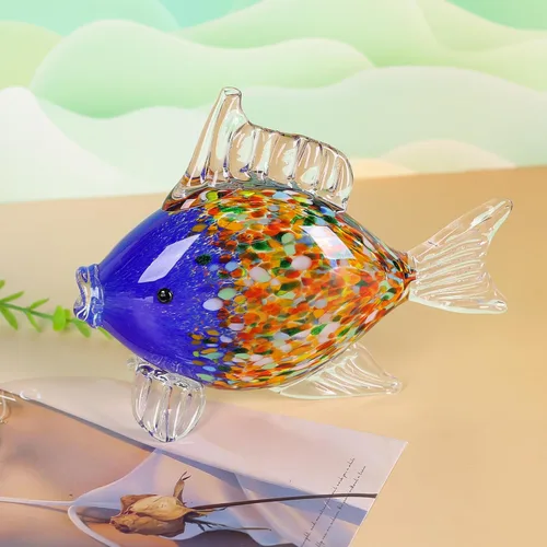 Vista 2 de Colorida figura de pez de vidrio soplado – Escultura de animales de arte azul para decoración del hogar en la costa del océano, adorno de pez
