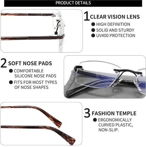 Vista 4 de Paquete de 3 lentes de lectura para hombre, bloqueo de luz azul, lectores de anteojos ligeros de metal sin montura para hombre, antifatiga ocular