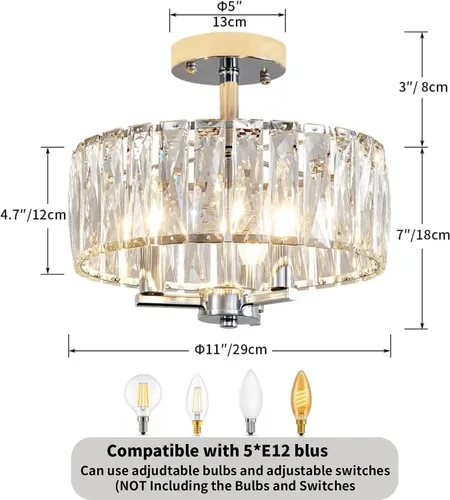 Vista 2 de AGV LIGHTING CL003F - Lámpara de techo de cristal K9, moderna lámpara de techo semiempotrada, perfecta para sala de estar, dormitorio, comedor, D13