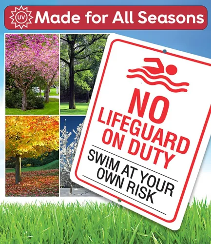 Vista 4 de Letrero de metal con texto en inglés «No Lifeguard on Duty, Swim At Your Own Risk– Uso en interiores y exteriores – Aviso de seguridad en el agua