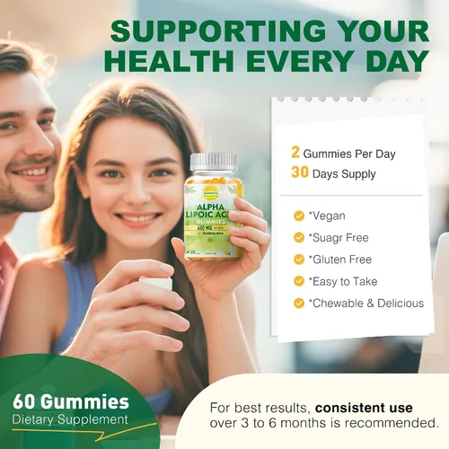 Vista 5 de Ácido R-alfa lipoico puro de 600 mg con benfotiamina para apoyo nervioso, apoyo antioxidante, suplemento ALA Gomitas de ácido alfa lipoico
