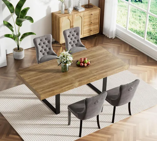 Vista 26 de Juego de mesa de comedor extensible marrón de 63 a 78.74 pulgadas para 4, juego de mesa de comedor de 5 piezas con 4 sillas tapizadas, mesa