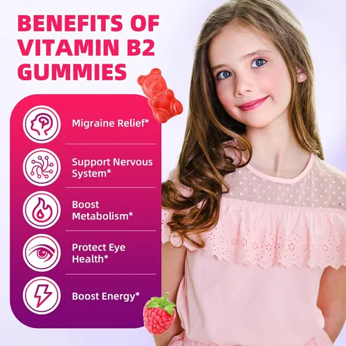 Vista 3 de Gomitas de vitamina B2 para niños y adultos, VIT B2 Riboflavina 400 mg Suplemento con magnesio para aliviar la migraña y apoyar el sistema nervioso