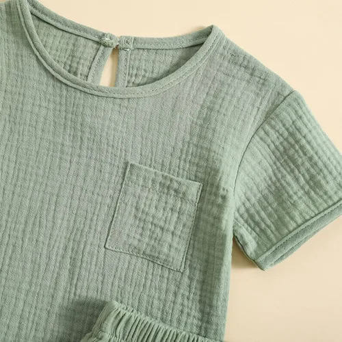 Vista 4 de Conjunto de 2 piezas de camiseta de algodón y lino de manga corta y pantalones cortos elásticos, 2 piezas, ropa casual de verano