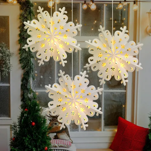 Vista 5 de Mudder 3 linternas de copo de nieve de papel de Navidad con 5 luces LED de 23.6 pulgadas, lámparas colgantes blancas 3D de copo de nieve