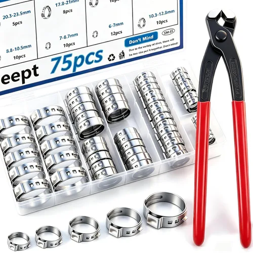 Vista 10 de Kit surtido de 170 piezas de abrazaderas de manguera de una oreja de acero inoxidable 304 de 13 tamaños, abrazaderas de manguera de crimpar de 5.3