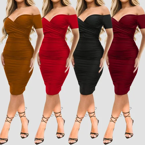 Vista 2 de Uni Clau Vestido sexy con cuello en V y hombros descubiertos para mujer, manga larga, ajustado, para cóctel, vestido de fiesta