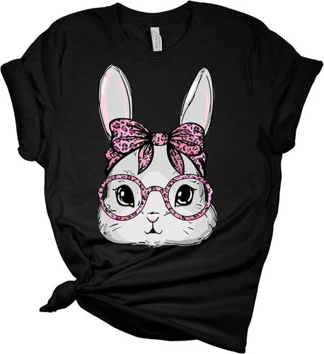 Vista 5 de Camiseta de Pascua con cara de conejo para mujer, lindas camisetas con gráficos divertidos