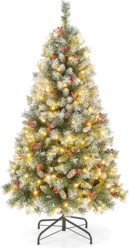 Vista 14 de Goplus Árbol de Navidad de Lápiz Preiluminado de 4.5 pies, Abeto con Bisagras de Alta Calidad, con Luces LED Blancas Cálidas y Soporte de Metal Verde