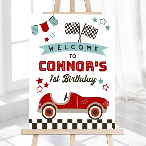 Vista 9 de Race Car Birthday Welcome Sign for Boys, Custom Racing Truck Theme Party Decoration, Personalized Red Sports Car Poster, Kid’s Age Banner for Race