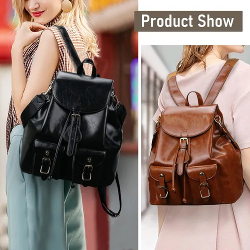 Vista 2 de Chillo - Mochila grande de cuero vegano para mujer, diseño multiusos, con cordón, Negro -, Mochilas de mochila