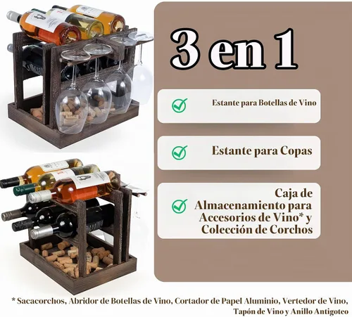 Vista 4 de Rustic State Yapincak Estante de madera para vino de encimera para 6 botellas y 4 copas para vidrio, bandeja de almacenamiento de corcho