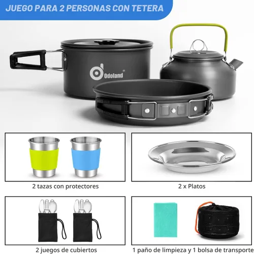 Vista 4 de Odoland 15pcs Camping Cookware Mess Kit, Lightweight Pot Pan Kettle Set Anodized aluminum, for hiking, outdoor cooking and picnic, 1.9L pot 0.8L