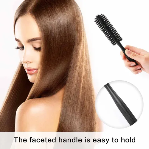 Vista 6 de Mini cepillo de pelo redondo portátil para rizar y barba con mango de madera natural, cepillo de cerdas de jabalí para secar y peinar para mujeres