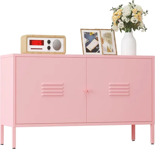 Vista 16 de Gabinete de almacenamiento de metal, soporte de TV de 2 puertas, armario decorativo con puertas y estante ajustable, armario de metal, mesita