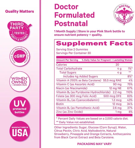 Vista 6 de Pink Stork Gomitas Vitamínicas Totales Posnatales - Multivitamínico para la Recuperación Posparto y Apoyo a la Lactancia - Ácido Fólico, B6