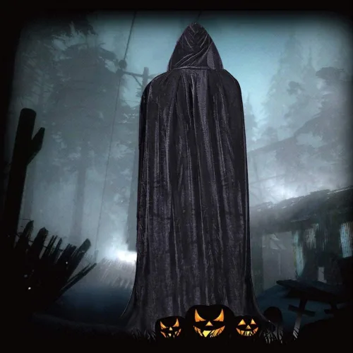 Vista 6 de Halloween Hooded Cloak Black Velvet Cloak Halloween Costumes + Scythe+Skull Mask+Skeleton Gloves Grim Party Costumes