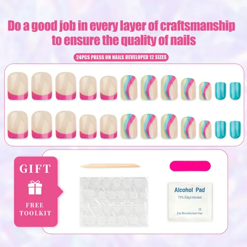 Vista 2 de Uñas postizas cuadradas a presión, uñas postizas francesas cortas acrílicas de cobertura completa, pegamento en uñas postizas con diseños