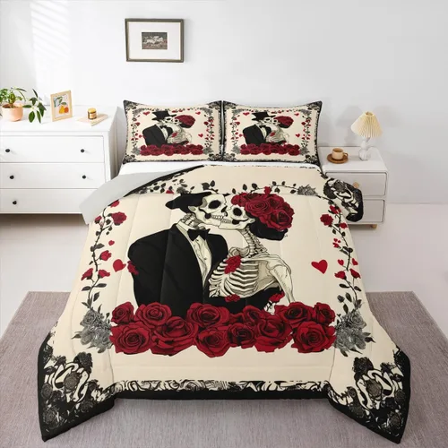 Vista 24 de Juego de edredón de polilla de la muerte, juego de ropa de cama tamaño individual, diseño de calavera gótica, flores botánicas, juego de edredón