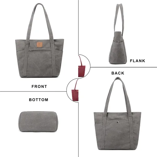 Vista 8 de Bolsos de hombro para mujer, bolsa de lona resistente para trabajo, bolsa de cubo retro Beige