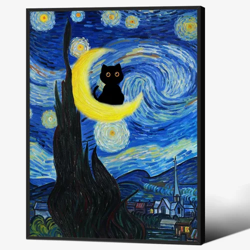 Vista 24 de CAXIYSH Arte de pared de gato negro Monet, póster de lirios acuáticos, vintage, divertido, floral, gato, lienzo, pinturas famosas, impresiones