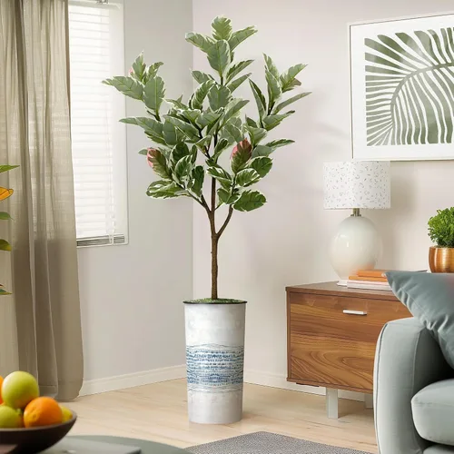 Vista 7 de Árbol artificial en macetero con patrón de línea industrial gris azul, palmera tropical areca artificial de seda para decoración del hogar