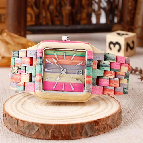 Vista 3 de Tiong Brand Wooden Watches Mens with Handmade Colorful Bamboo Wood Watch Analog Date Quartz Wooden Watch for Men