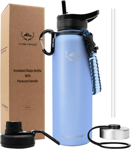 Vista 10 de NATURE PIONEOR Botellas de agua aisladas con mango de paracord - Botella de agua deportiva al vacío de boca ancha de 32 onzas con 3 tapas, acero