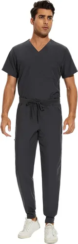 Vista 8 de COZYFIT Conjunto de ropa quirúrgica para hombre camiseta elástica con cuello en V y pantalón deportivo con 8 bolsillos, cintura de yoga, ropa