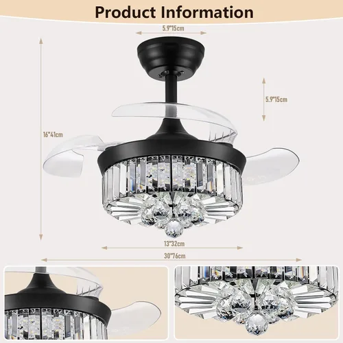 Vista 3 de DuMaiWay Ventilador de techo de 30 pulgadas con lámpara de cristal de luz, ventilador de techo reversible moderno, regulable, temporizador Negro