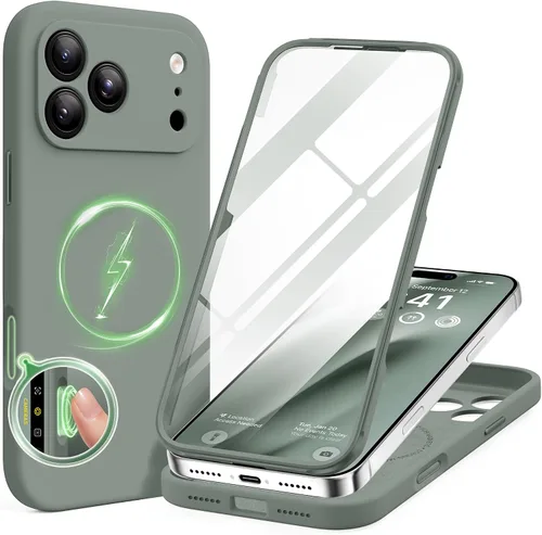 Vista 24 de BERFY Funda para iPhone 17 Pro Max, compatible con MagSafe, protector de pantalla de vidrio integrado, protección de cámara, funda de cuerpo