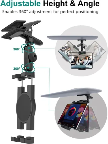 Vista 3 de Soporte para tableta para visera solar para automóvil, soporte de teléfono con clip de visera con brazo de metal, abrazadera de tableta de vehículo