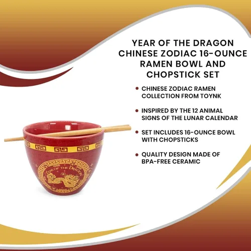 Vista 7 de Boom Trendz Year Of The Dragon - Juego de cerámica del zodiaco chino Incluye cuenco de fideos ramen de 16 onzas y palillos de madera, plato