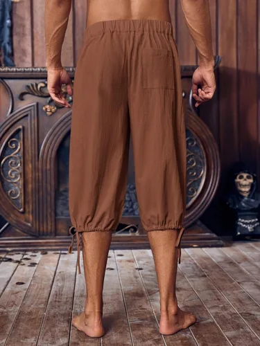 Vista 3 de Gafeng Pantalones piratas renacentistas medievales para hombre, disfraz colonial de caballero para Halloween, pantalones cortos con cordones LARP