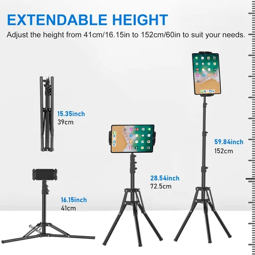 Vista 2 de Soporte de trípode para iPad, trípode ajustable de altura de 63 pulgadas para tableta, rotación de 360°, soporte para iPad mini/Air/Pro, teléfonos