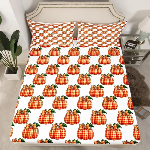 Vista 2 de Juego de sábanas de calabaza de otoño, tamaño individual, juego de sábanas de Feliz Acción de Gracias para el dormitorio de niños y niñas, sábanas a