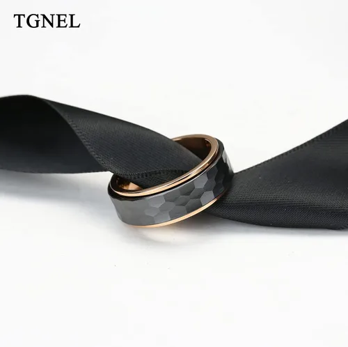 Vista 7 de Anillos de boda de titanio de 0.31 pulgadas (0.315in), anillos giratorios de cerámica negra martilladosfacetados para hombres, anillos giratorios