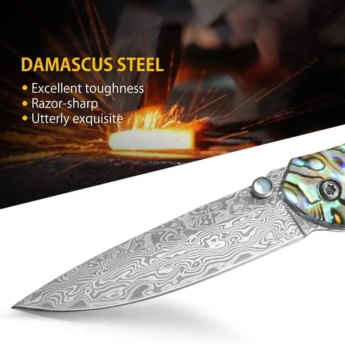 Vista 3 de NedFoss Cuchillo de bolsillo, cuchillo de bolsillo de damasco con mango de concha de abulón, cuchillo plegable de acero de Damasco forjado hecho a