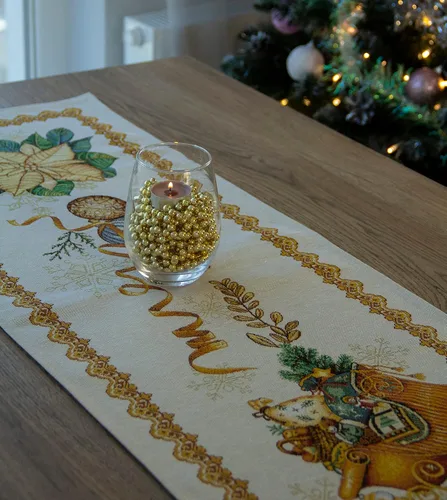 Vista 5 de Camino de mesa de Navidad de flor de pascua, tapiz de tela de lúrex dorado, rectangular, patrón antiguo, decoración de mesa (18 x 55 pulgadas)