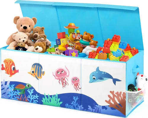 Vista 9 de Caja de juguetes extragrande con tapa, baúl plegable para juguetes para niños y niñas, organizador de almacenamiento de juguetes con divisores, caja