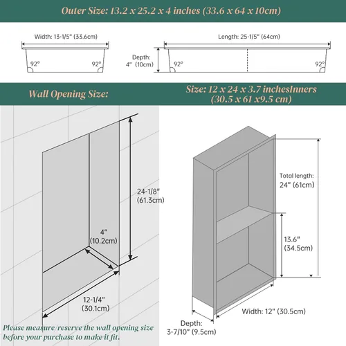 Vista 3 de Niche de ducha de 12 x 24 pulgadas, organizador de baño blanco mate, no necesita azulejos, acero inoxidable, moderno en nicho insertado en la pared