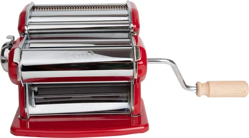 Vista 3 de Imperia Máquina para hacer pasta, color rojo, fabricada en Italia, construcción de acero resistente con esfera de fácil bloqueo, mango de agarre