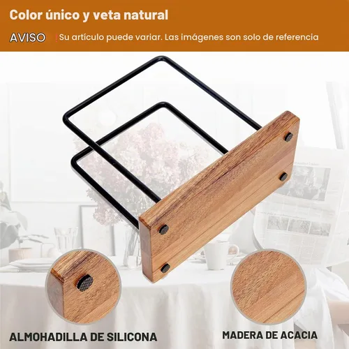 Vista 3 de Servilletas de madera de acacia con alambre de metal, servilletero de pie para mesa