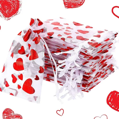 Vista 6 de SIROGOGO 50 bolsas de organza para el día de San Valentín, bolsas de dulces de corazón rojo, bolsas de joyería, bolsas con cordón para embalaje