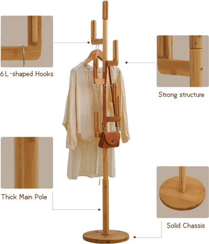 Vista 8 de Perchero de bambú Cactus para abrigos y ropa, estante de ropa independiente con 6 ganchos para adultos y niños, perchero resistente y moderno