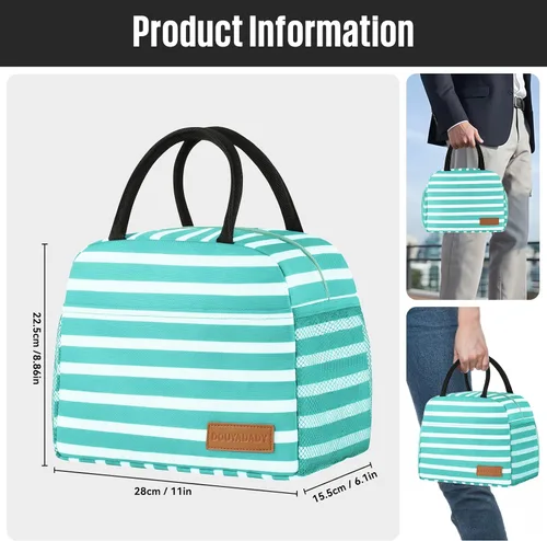 Vista 2 de douyadady Bolsa de almuerzo para mujeres/hombres, fiambrera mujeres/hombres (azul bebé+rayas blancas) Espacioso, ligero, impermeable, resistente