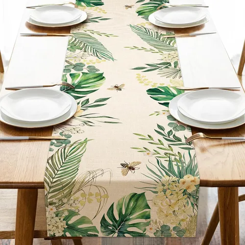 Vista 8 de Seliem Juego de 4 manteles individuales florales con plantas tropicales, primavera y verano, hojas de palma, flor de Monstera, abeja, manteles