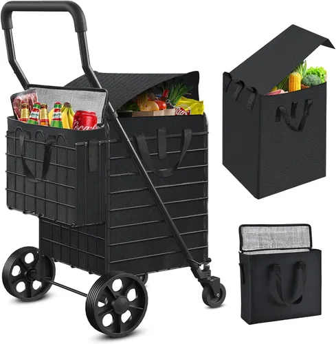 Vista 10 de Carrito de compras plegable con forro impermeable extraíble, carrito de comestibles de capacidad de 450 libras con cesta doble y ruedas giratorias