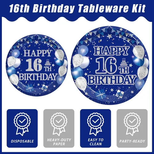 Vista 3 de Kepeel Juego de vajilla de 96 piezas para fiesta de 16º cumpleaños, decoraciones y suministros azul y plateado Feliz 16º Cumpleaños para niños